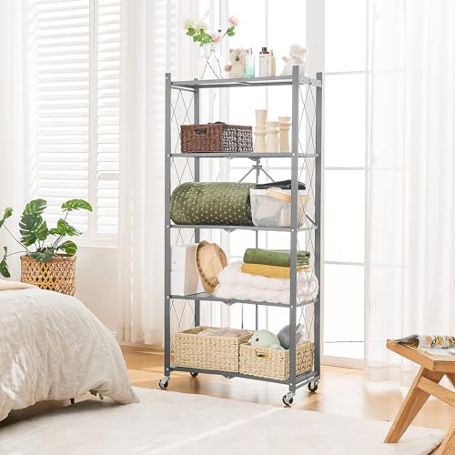 Image of BRIAN & DANY 5-Tier Foldable Storage Shelves with Wheels, Folding Metal Rack Shelving Unit, Heavy Duty No Assembly Organizer Shelf for Garage, Kitchen, Basement, Pantry, Gray