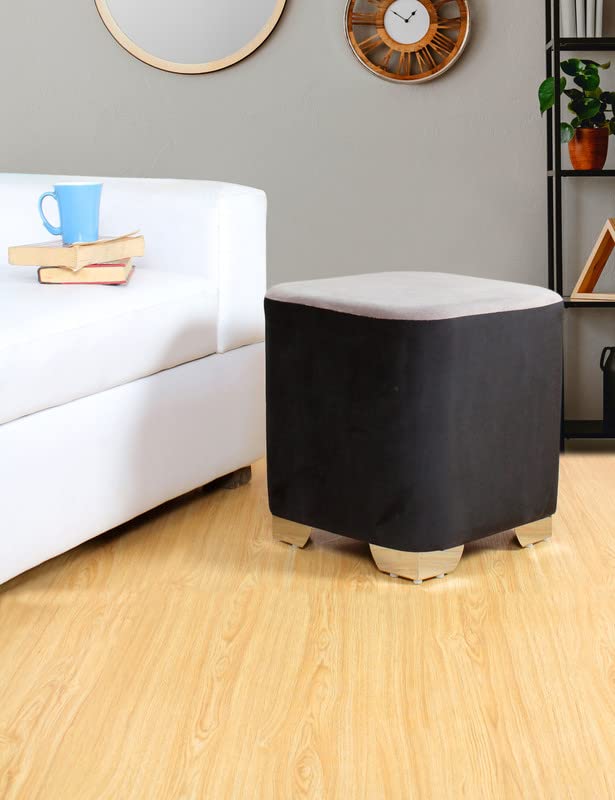 Sitting Stool Ottoman Pouffes for Living Room Sitting Bench Furniture Wooden Footrest Pouf Seat Puffy Foam Small Foot Stool for Office Home Decor, 16x16x18 Inch (Square, Black/Grey)