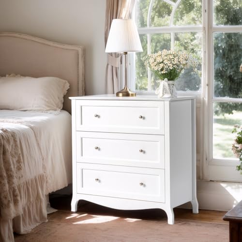 Image of VINGLI White Dresser 3 Drawer Chest of Drawers for Bedroom, Painted Wood Dresser with Large Drawers and Curved Legs, 31.5 inch W Large Nightstand, 31.5 inch W*15.75 inch D*31.5 inch H