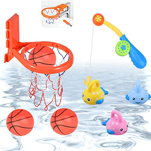 aovowog Badespielzeug Baby Badewannenspielzeug Bad Angelspiel mit Schwimmenden Fische und Mini Basketballkorb, Wasserspielzeug für Baby Kinder Kleinkinder Badewannen Dusche Pool(8 Stück)