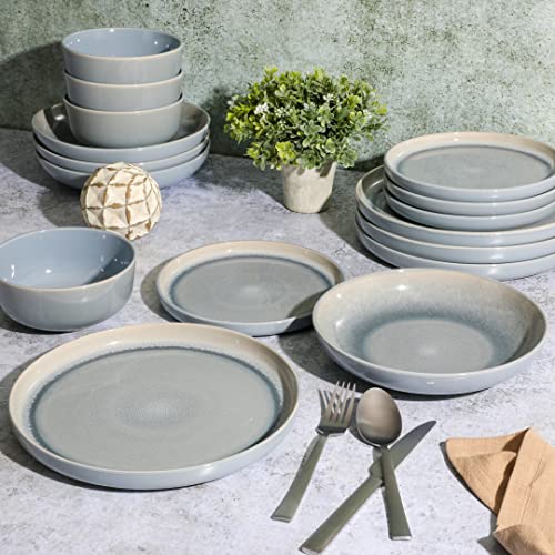 Image of Gibson Elite Juno Moon 16-Piece Reactive Blue Double Bowl Dinnerware Set - Durable Stoneware Plates and Bowls