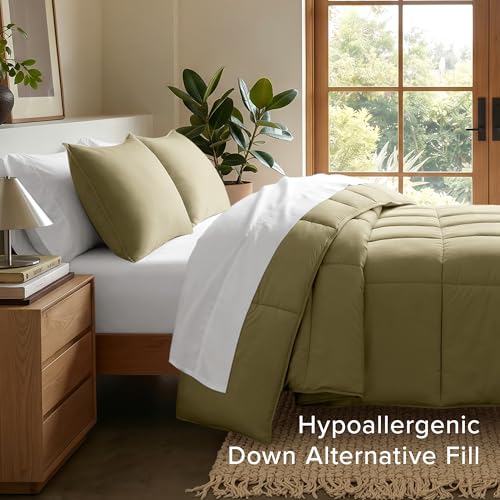Image of Bare Home Comforter Set - Queen Size - Ultra-Soft - Goose Down Alternative - Premium 1800 Series - All Season Warmth (Queen, Olive)