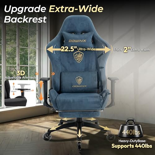 Image of Dowinx Big and Tall Gaming Chair with Suede Fabric Breathable, Game Chairs for Adults with Oversized Thick Seat for 440lbs, Ergonomic Gamer Chair for Streaming & Long Gaming Sessions, Blue