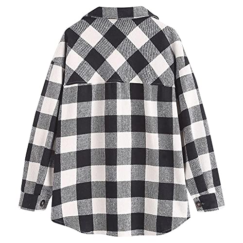 Zaful Women's Plaid Long Sleeve Shirt Button Down Wool Blend Thin Jacket Casual Blouse Tops With Pocket Black And White #TOP4