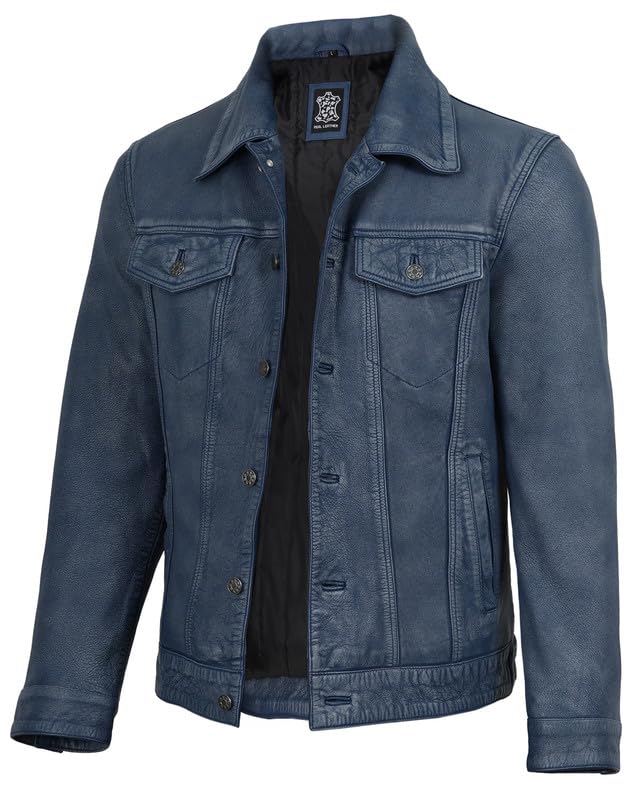 Image of Blingsoul Men's Leather Jacket - Real Full-Grain Lambskin Trucker Jacket for Men
