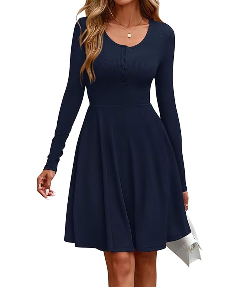 PLOKNRD Damesjurken Lange Mouwen Ronde Hals Leisure Knielange Jurken voor Vrouwen (Blauw,XL PLOKNRD Damesjurken Lange Mouwen Ronde Hals Leisure Knielange Jurken voor Vrouwen (Blauw,XL