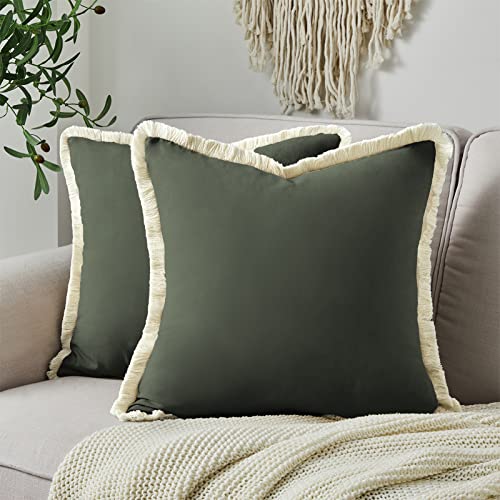 Topfinel Fall Throw Pillow Covers With Tassel 18X18 Set Of 2, Olive Green Farmhouse Decorative Pillow Cover, Modern Boho Fringed Linen Cushion Cases For Couch Sofa Bedroom #TOP27