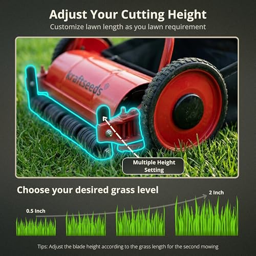 Image of Kraft Seeds 16 Inch Manual Lawn Mower Grass Cutting Machine, 6 Blade Push Reel Mower with Height Adjustable Eco Friendly Garden Grass Cutter Machine