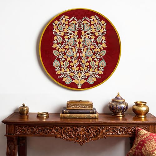 Image of Elegant Kalamkari Round Framed Wall Art Painting For Living Room | Traditional Madhubani Floral Wall Art Painting With Frame For Home, Bedroom & Office, 16 Inch