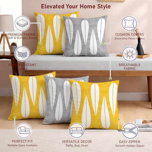 Image of STITCHNEST Set of 5 Polycotton Cushion Covers - Yellow & Grey Abstract Drop Design - 16x16 Inches - Soft & Durable Cushion Covers for Sofa, Bed & Living Room | Perfect for Home Decor