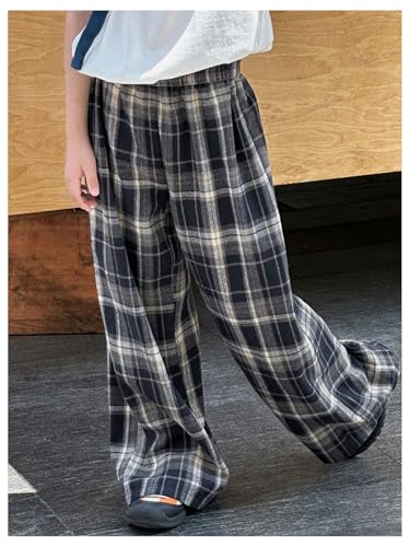 OYOANGLE Boy's Elastic Waist Plaid Pants Elastic Waist Casual Straight Leg Trousers3
