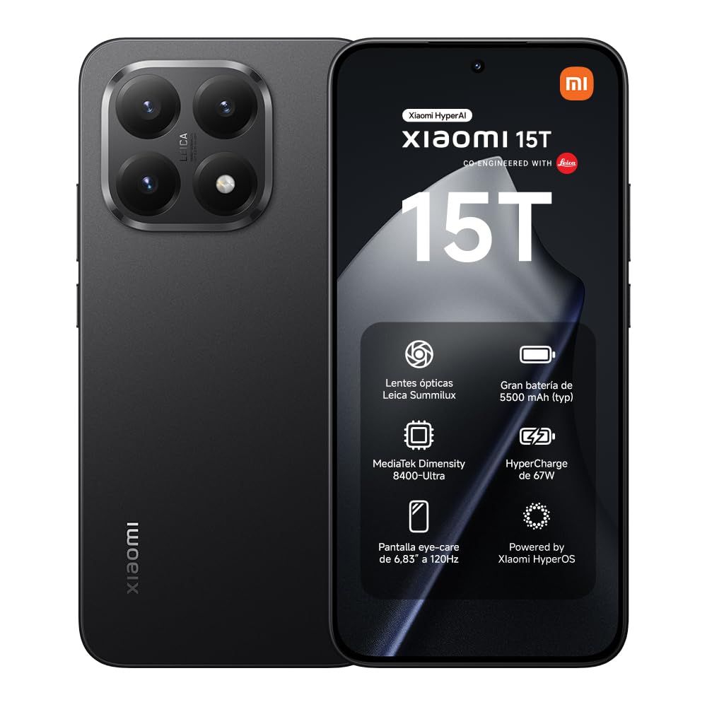 XIAOMI 15T Smartphone de 12+256GB Negro Lente óptica Leica Summilux | MediaTek Dimensity 8400-Ultra, Pantalla Eye Care de 6,83" 120 Hz, Batería de 5500 mAh, HyperCharge de 67W