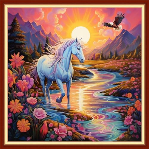 Image of DMCVIVR Stamped Cross Stitch Kits for Beginners Adults Needlepoint Kits for Beginners Embroidery Kits for Adults Crossstitch Kit for Beginners 11CT-Flower Unicorn 18x18 inch