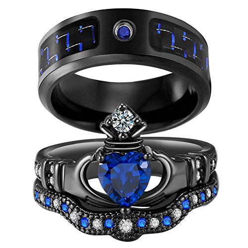 2 Rings His and Hers Couple Rings Bridal Sets Black Gold Filled Heart Blue Cz Womens Wedding Ring Sets Man Titanium Band Mens Ring