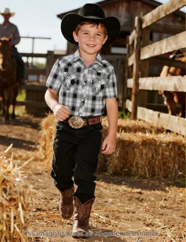 Image of COSLAND Boy's Toddler Cotton Western Short Sleeve Button Down Plaid Shirt, 4-14 Years