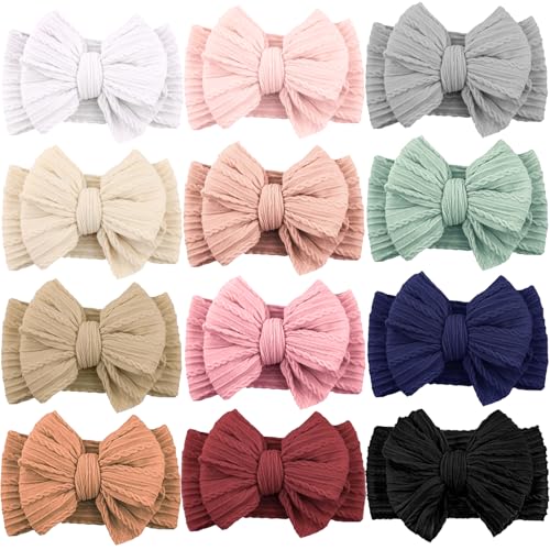 Image of ALinmo 12 Pack Baby Headbands Super Soft Stretchy Nylon Hair Bands Hair Bows Hair Accessories for Baby Girls Newbrons infants Toddlers