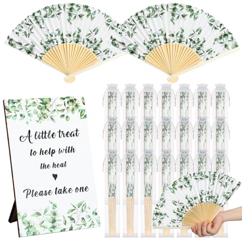 Leinuosen 51 Pcs Wedding Favors for Guests Bulk 25 Wedding Foldable Hand Fans Eucalyptus Leaves Handheld Paper Fans with 25 Organza Bags and a Table Sign for Bridal Shower Favor Appreciation