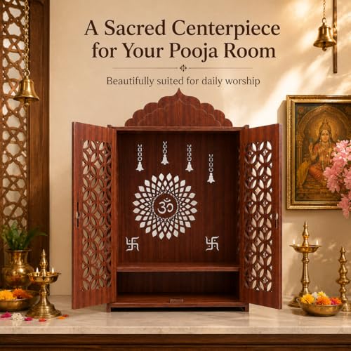 Image of The Castle Decor Wooden Mandir for Home, Premium MDF Home Temple with Double Doors for Pooja Room, Wall Hanging & Tabletop Temple, Matte Finish, 16.5 x 24.5 x 10.5 Inch