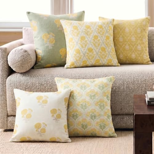 Image of haus & kinder 100% Cotton Cushion Covers Set of 5 | Digital Printed Yellow & Grey Floral Geometric Design | 40 x 40 cm (16x16 Inch) Decorative Throw Pillow Covers for Sofa, Living Room & Bedroom