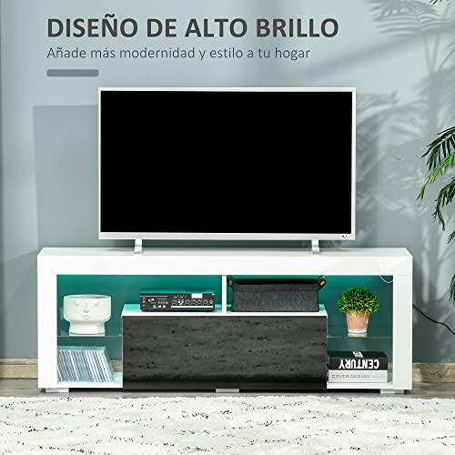 HOMCOM-Mueble-de-TV-para-Televisiones-de-55Pulgadas-Mesa-para-TV-de-Salon-con-Luz-LED-6-Modos-de-Colores-Mando-a-Distancia-Cajon-y-Estantes-de-Cristal-Ajustables-140x35x52-cm-Blanco