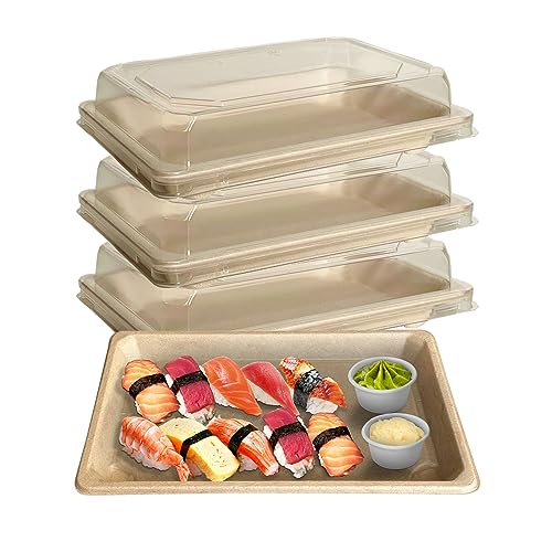 EcoQuality Medium Compostable Sushi Trays with Lids - Natural Sugarcane Bagasse Take Out Sushi Container - Biodegradable, Disposable Sushi Plate with Lid, Eco Friendly, To go, Serving Tray (25)