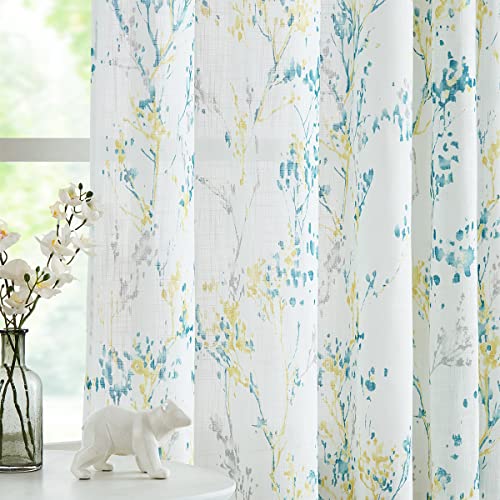 Image of Treatmentex Branch Semi Sheer Curtains for Living Room Yellow White Print Curtains for Bedroom 95 inch Length Teal and Grey Watercolor Window Panels with Multicolor Design Grommet Top 2pcs