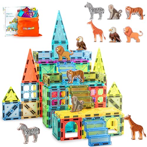 RiteHold Magnetic Tiles for Kids 62PCS Magnet Animals Tiles Building with Storage Bag Set for Toddler Construction STEM Tiles Micro Toys Gifts for Ages 3-8 Preschool Boys Girls Birthday Christmas