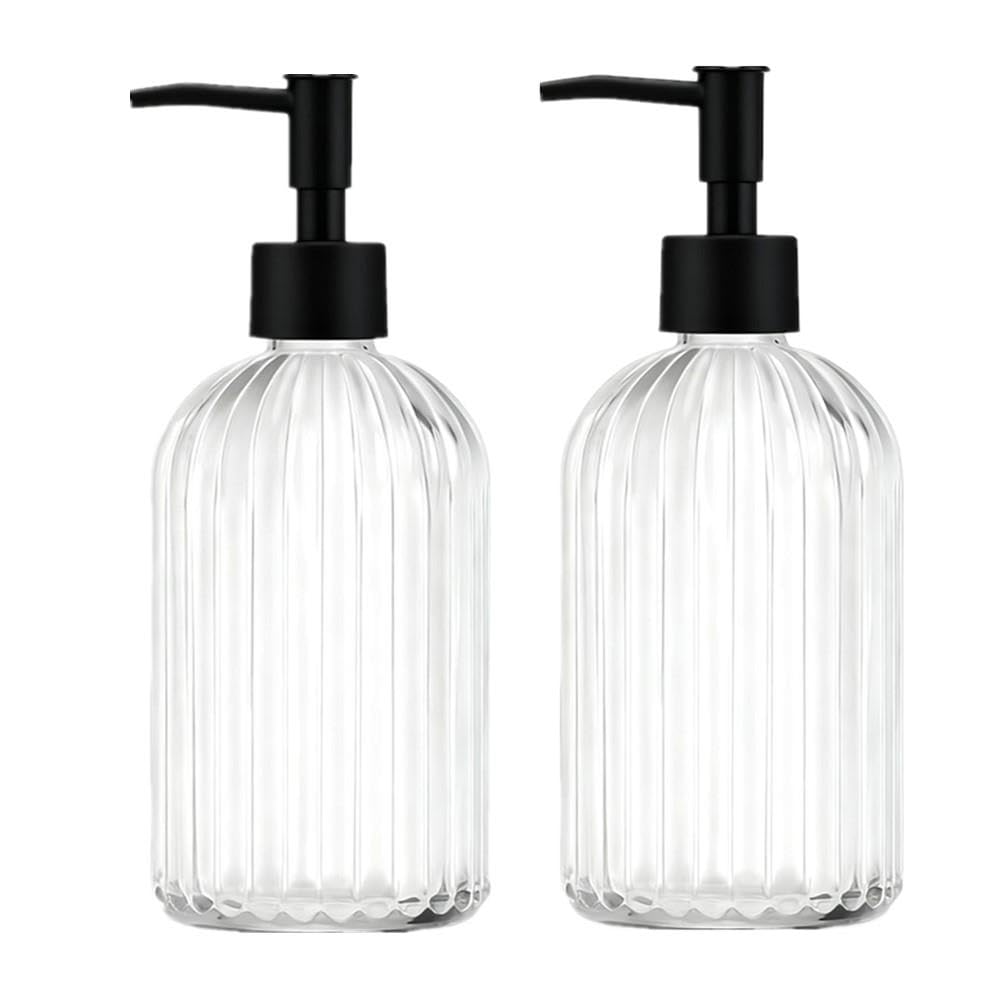 Trixes Clear, Black Ribbed Glass Soap Dispenser & Hand Lotion Bottles, 2-Pack, 400Ml With Matte Black Pump, With Silicone Funnel For Kitchen And Bathroom