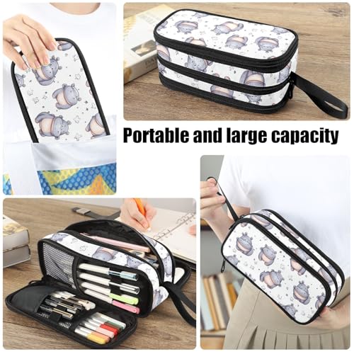 Image of Fustylead Cute Cartoon Hippo Doodle Big Capacity Pencil Pen Case Multi-Purpose Organizer for Office College School Hiking Travel