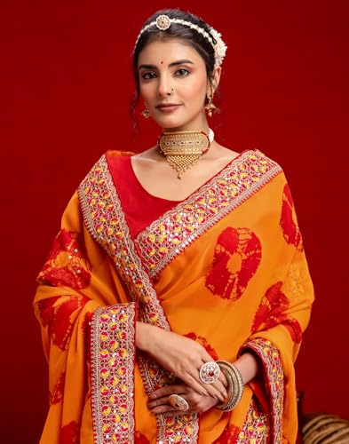 Image of SIRIL Women's Georgette Bandhani Printed Embroidery Lace Saree With Unstitched Blouse Piece