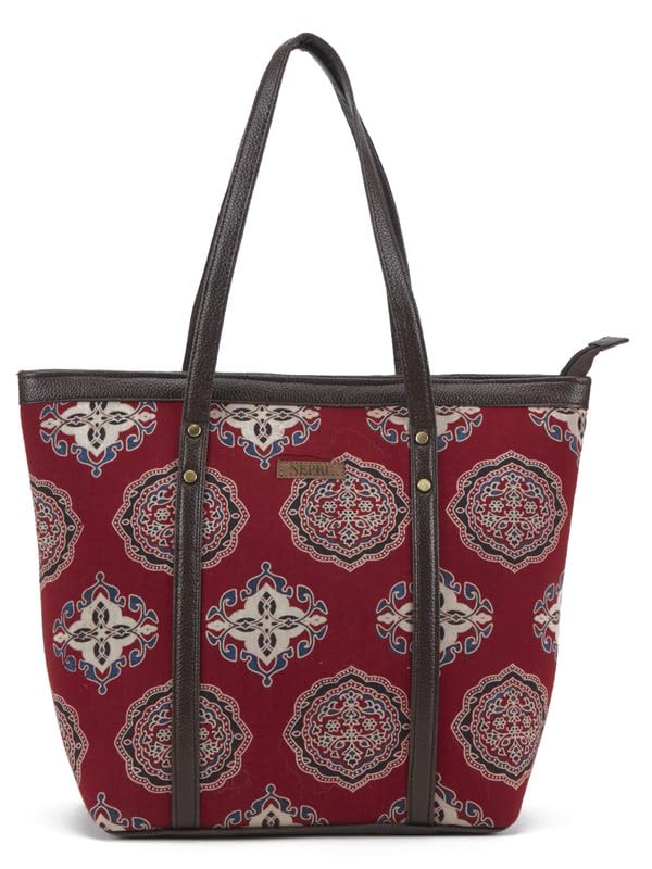 Image of NEPRI Printed Office Tote Bag | Laptop Bag 15.6 inch | Stylish Tote Bags for Office Use | Purse for Women | Vegan Leather & Handblock Printed Fabric Handbag | Daily & Travel Use
