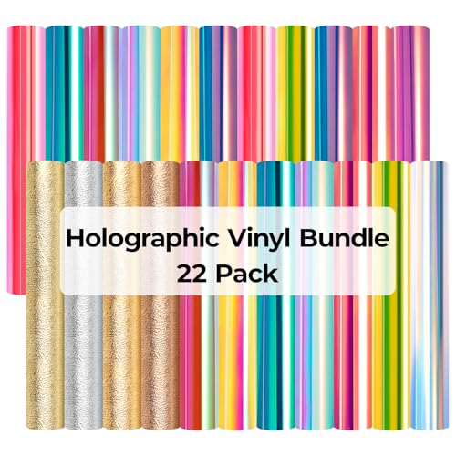 HTVRONT Holographic Vinyl-22 Pack Holographic & Textured Metallic Permanent Adhesive Vinyl Sheets 12x12 Easy Cut & Weed Waterproof Vinyl for Crafts & Decor Compatible with Cutting Machines