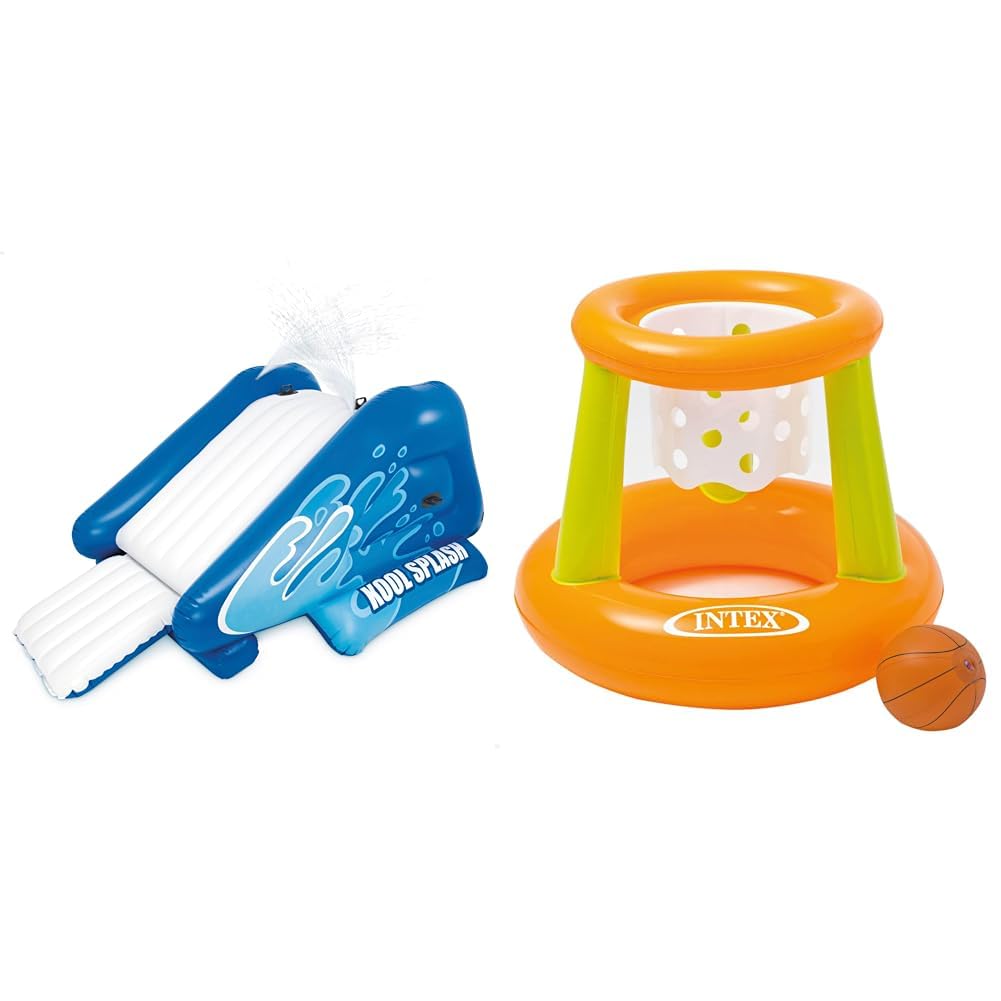 Intex 58849 - Aufblasbare Wasserrutsche, 135 x 81 x 50 Zoll & Wasserspiel Floating Hoops, Mehrfarbig, Ø 67 x 55 cm
