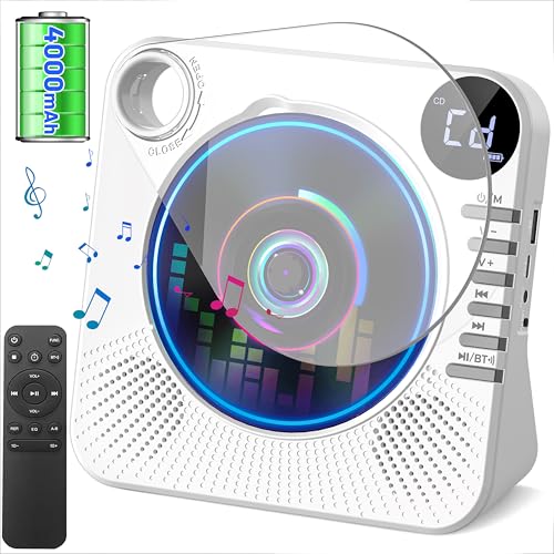 Tragbarer CD-Player 4000mAh Wiederaufladbar Bluetooth 5.1 mit Stereo-Lautsprechern Fernbedienung Staubschutz-Schiebedeckel Anti-Skip AUX/USB CD Spieler für Zuhause & Unterwegs - Weiß