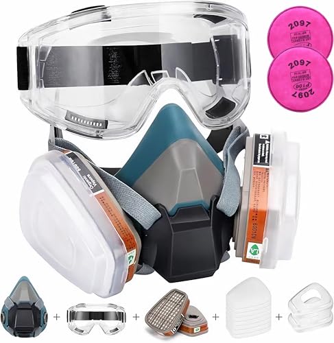 Sosvulix Halb Gesicht Staubmaske Set Filter für Dämpfe, Sand, Asbest, Gas, Säure und Ammoniak mit Schutzbrille, Partikelschutzfiltern Lackierer Masken und mehr (Mehrfarbige + 10 Filterwatte+2097)