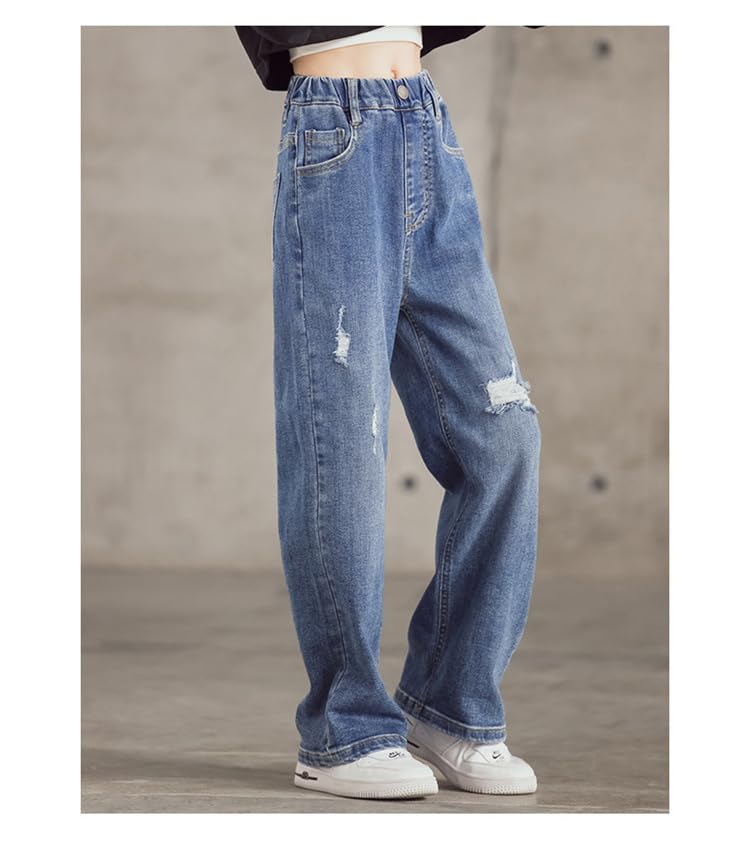 Girls Broken Hole Design Straight Jeans Elastic Waistband Pocket Loose Trousers Casual Sports Soft2