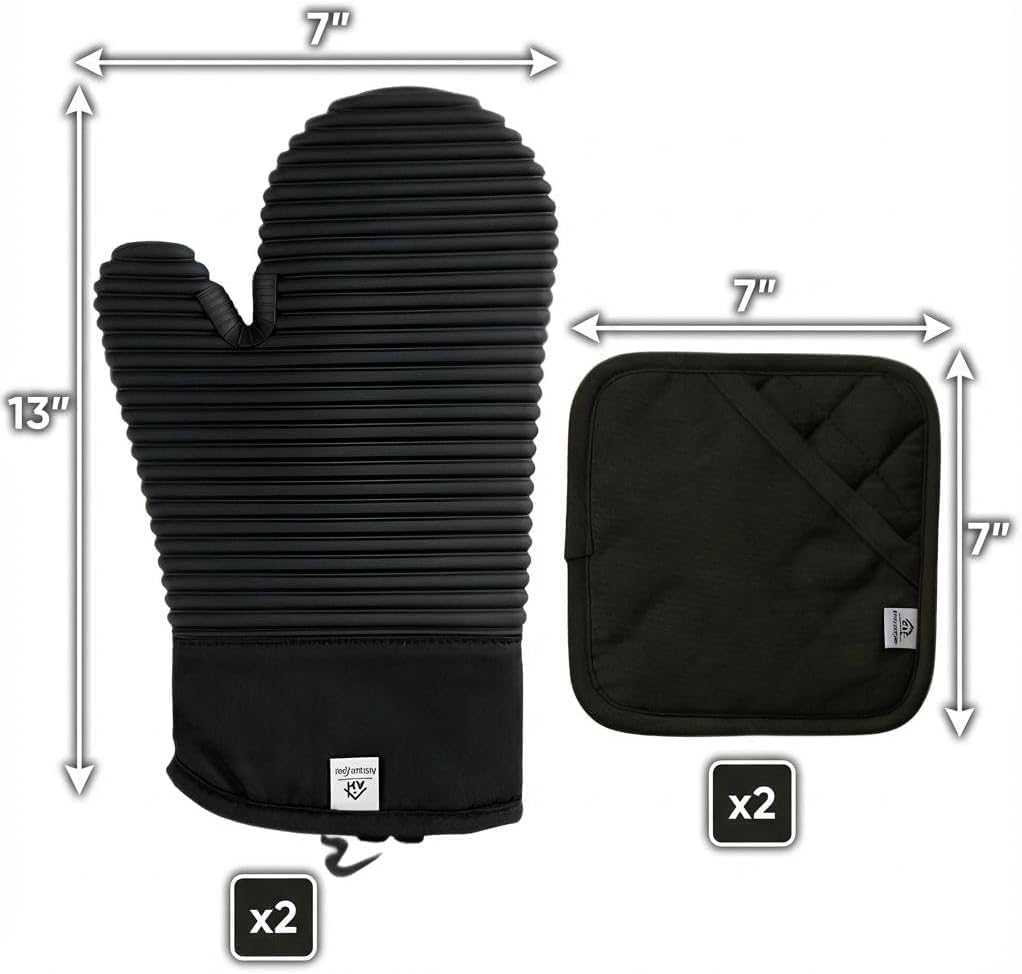 Extra Long Silicone Oven Mitts and Pot Holders Sets | Heat Resistant 500°F BPA-Free Food Grade Silicone Hot Pads & Kitchen Mittens | 4-Piece Set of Oven Gloves & Potholders for Kitchens. - Image 2
