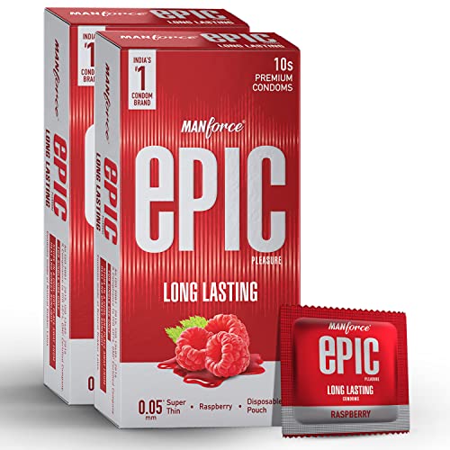 Image of Manforce Epic Pleasure Raspberry Flavoured Condoms for Men - 10 Count (Pack of 2)| Long Lasting| Vegan| No Harsh Chemicals| With Disposable Pouch