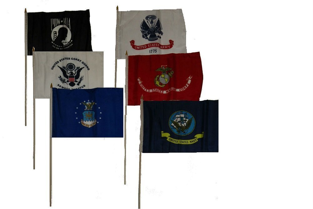 12x18 Military 5 Branches Army Navy Marines Air Force Coast Guard and Pow Mia Stick Flag Set 6 12