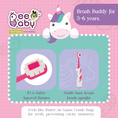 Image of BeeBaby Brush Buddy Baby Toothbrush for Kids 3-6 Years, Ultra Soft Tapered Bristles Toddler Toothbrush for Milk & Permanent Teeth, BPA Free Easy Grip Toothbrush for Sensitive Gums, Pack of 2. Elephant Violet Unicorn Pink