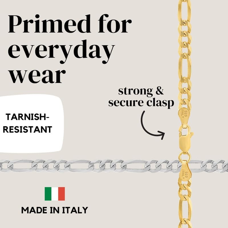 KISPER Italian 925 Sterling Silver Diamond Cut 5mm Figaro Link Chain Necklace & Bracelet Set - 20" Necklace & 7" Bracelet - Made in Italy