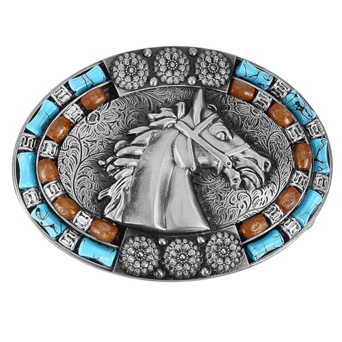 GORGECRAFT Boucle de Ceinture Ovale Tête de Cheval Viking Nordique 101x74mm Argent Antique Punk Cheval Gravé Boutons en Pierre Turquoise Florale Western...