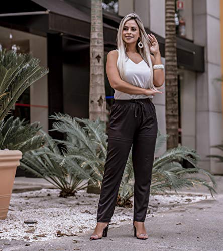 Calça Feminina Jogger Social Festa Cintura Alta Com Cordão (M/40, Preto)