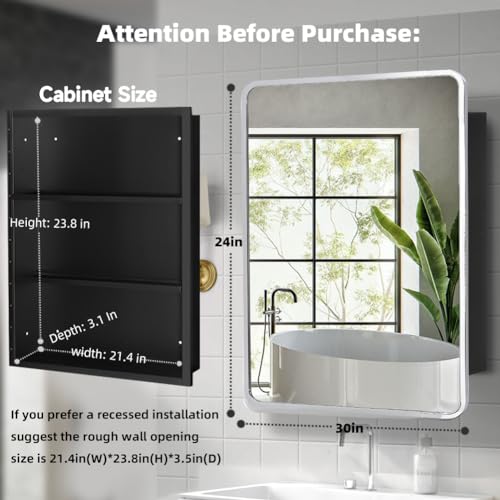Image of Movo 24x30 Inch Black Metal Framed Bathroom Mirror Medicine Cabinet Rectangle Tilting Beveled Vanity Mirrors Recess or Surface Mount Installation Chrome