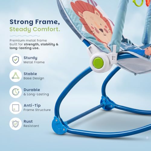 Image of Baybee 2 in 1 Baby Rocker & Bouncer, 3-Position Recline, Soothing Music, Removable Hanging Toys, Soft Cushioned Seat & Safety Harness, Rocking Chair for Newborn 0-3 Years (Blue)