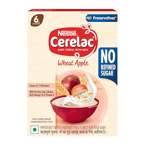 Image of CERELAC Baby Food Cereal | No Refined Sugar | No Preservatives | Wheat Apple for 6 to 24 Months Baby | With Omega 3 Iron Protein Calcium Vitamin D | Instant Cereal | 360g, Bag-in-box pack