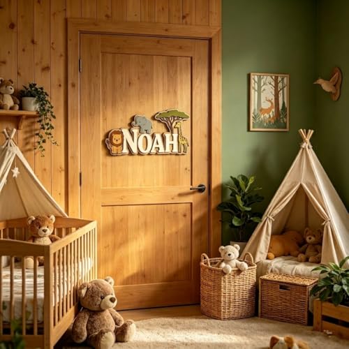 Personalized Safari Wooden Name Sign for Kids Room, Custom Jungle Animal Name Wall Decor, Nursery...