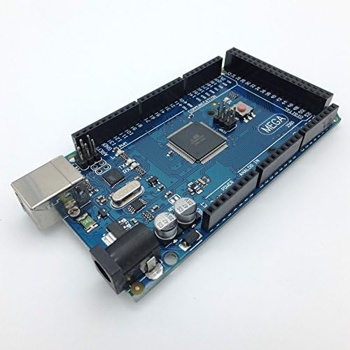 Top-down view of the Arduino Mega 2560 R3 compatible development board, showing its microcontroller, USB port, and pin headers.