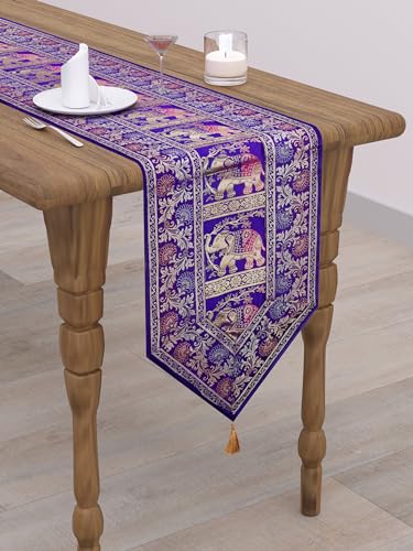 Image of Banarasi Brocade Zari Silk Table Runner Dinning & Centre Table Runner 177 By 30 CM (Purple, Elephant)