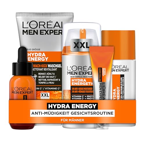 L'Oréal Men Expert Pflegeset gegen müde Haut für Männer, Mit XXL Waschgel, Gesichtsserum, Gesichtscreme, Augen Roll-On und LSF 50+ Invisible Fluid, Set für Herren mit Vitamin C, Hydra Energy, 5-teilig